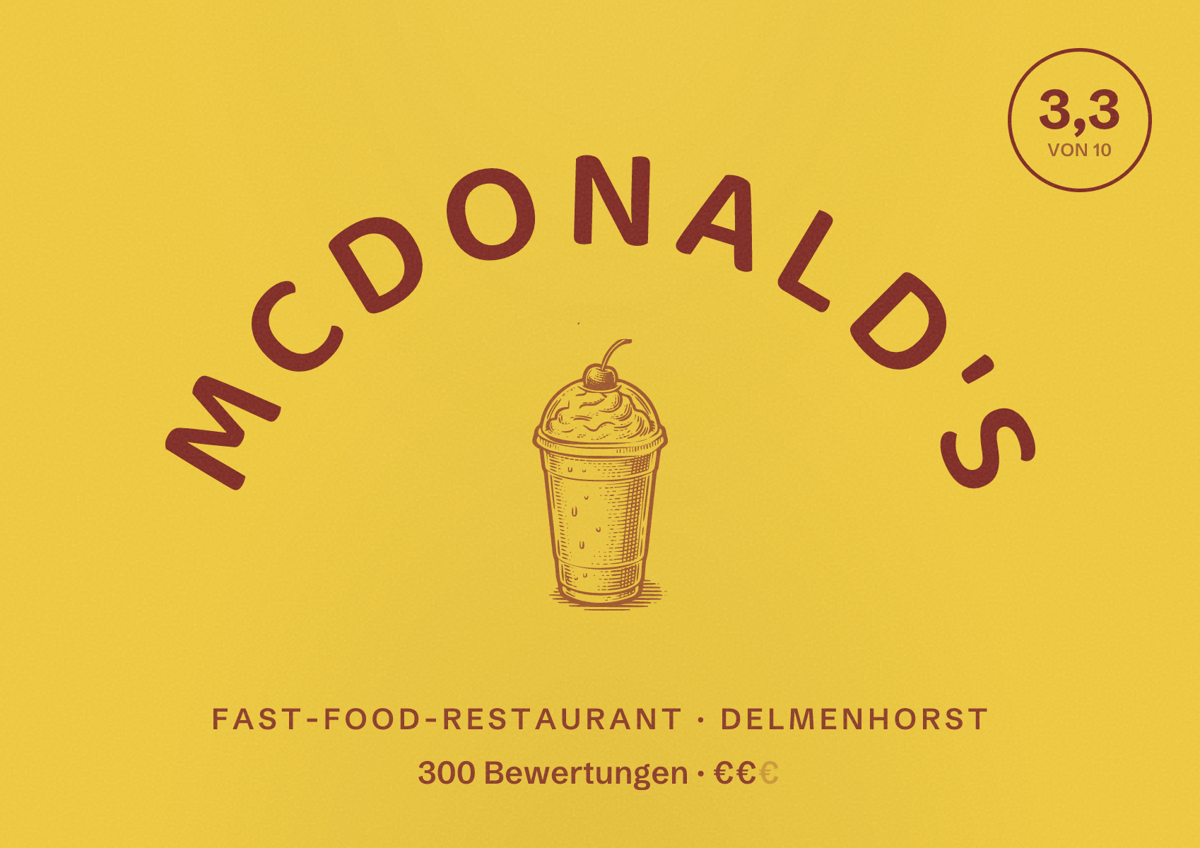 Illustriertes Poster von McDonald's, Fast-Food-Restaurant in Delmenhorst: Bewertung 3,3 von 10 aus 300 Bewertungen, Preisniveau €€