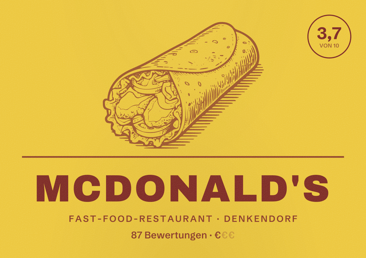 Illustriertes Poster von McDonald's, Fast-Food-Restaurant in Denkendorf: Bewertung 3,7 von 10 aus 87 Bewertungen, Preisniveau €