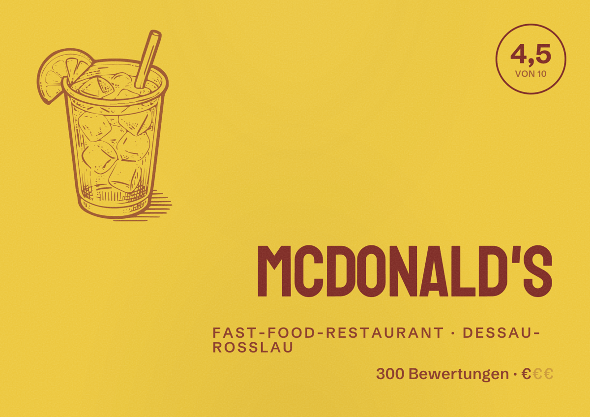 Illustriertes Poster von McDonald's, Fast-Food-Restaurant in Dessau-Roßlau: Bewertung 4,5 von 10 aus 300 Bewertungen, Preisniveau €