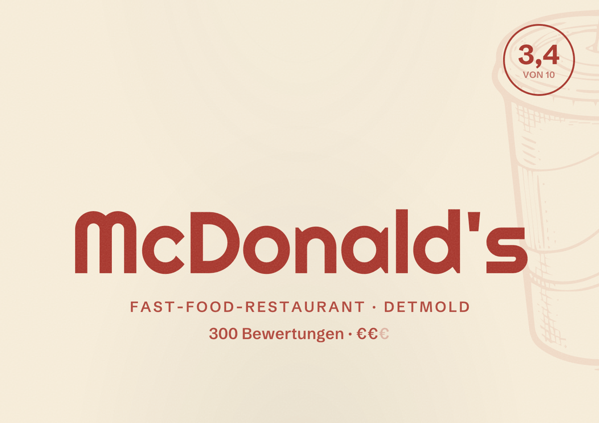 Illustriertes Poster von McDonald's, Fast-Food-Restaurant in Detmold: Bewertung 3,4 von 10 aus 300 Bewertungen, Preisniveau €€