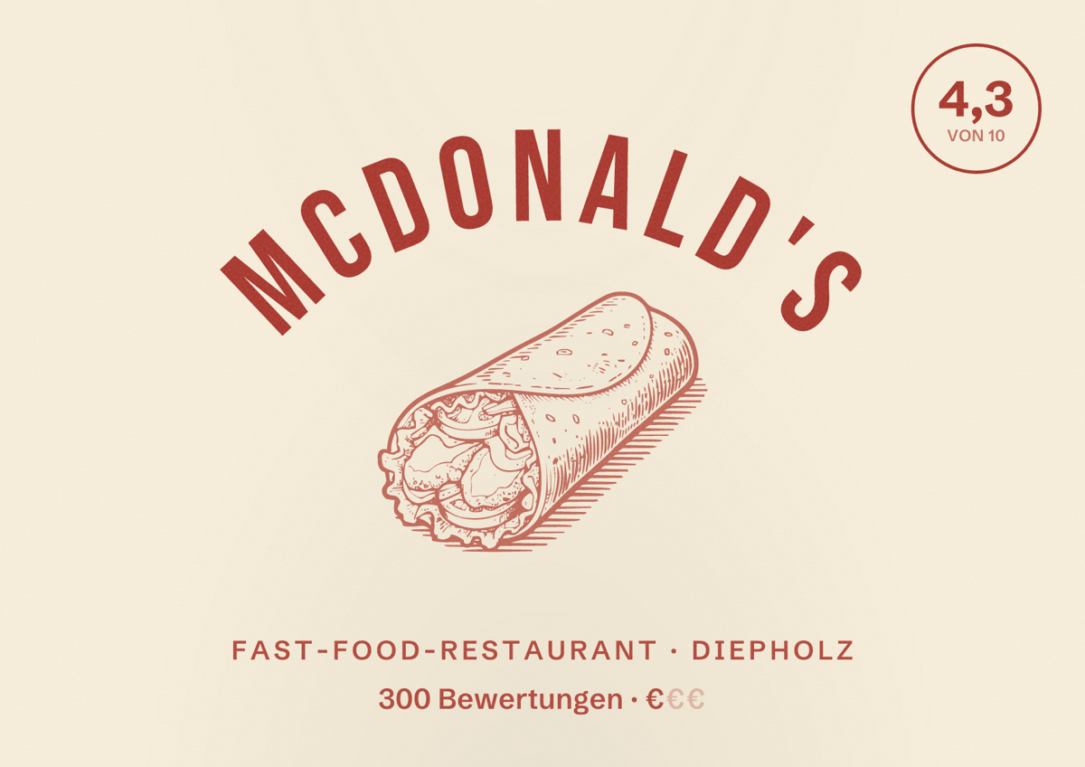 Illustriertes Poster von McDonald's, Fast-Food-Restaurant in Diepholz: Bewertung 4,3 von 10 aus 300 Bewertungen, Preisniveau €