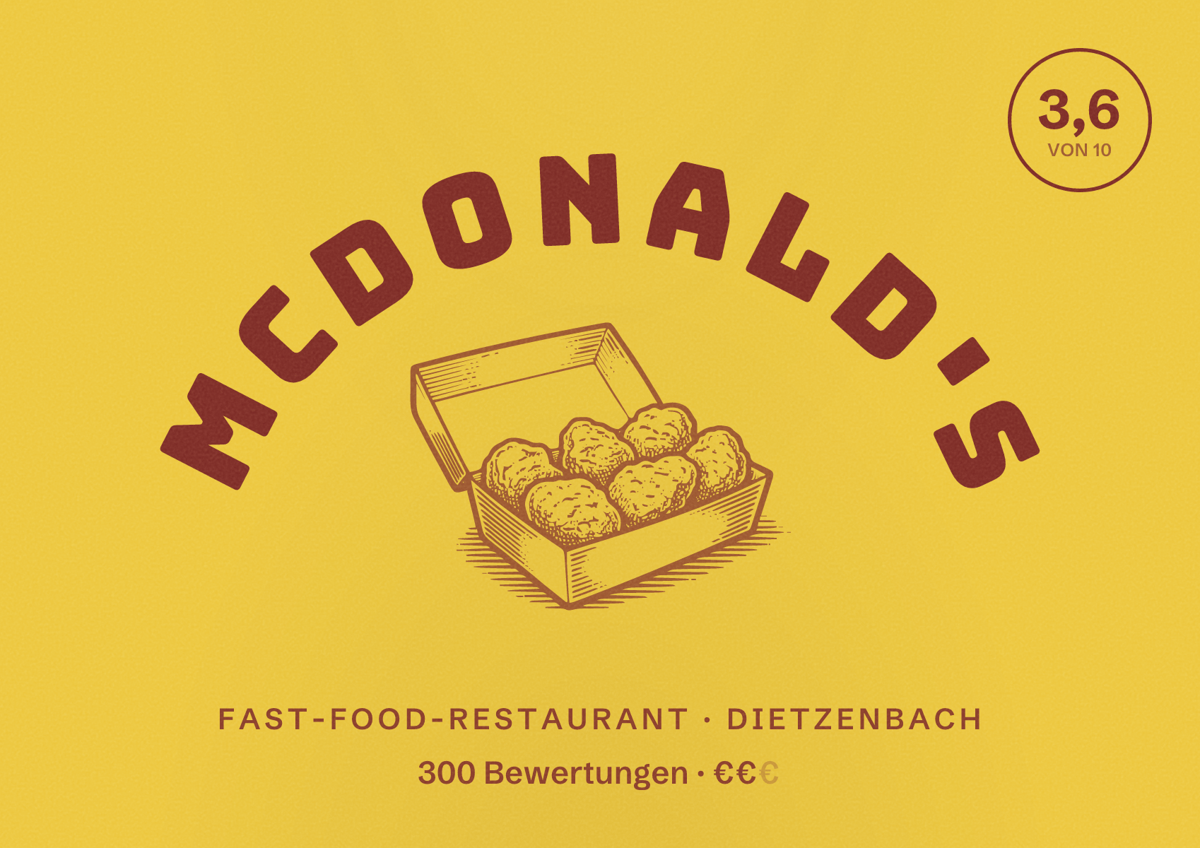 Illustriertes Poster von McDonald's, Fast-Food-Restaurant in Dietzenbach: Bewertung 3,6 von 10 aus 300 Bewertungen, Preisniveau €€