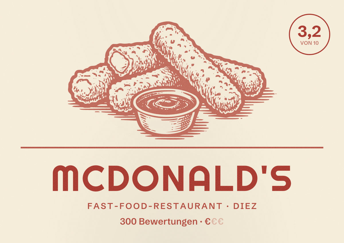 Illustriertes Poster von McDonald's, Fast-Food-Restaurant in Diez: Bewertung 3,2 von 10 aus 300 Bewertungen, Preisniveau €
