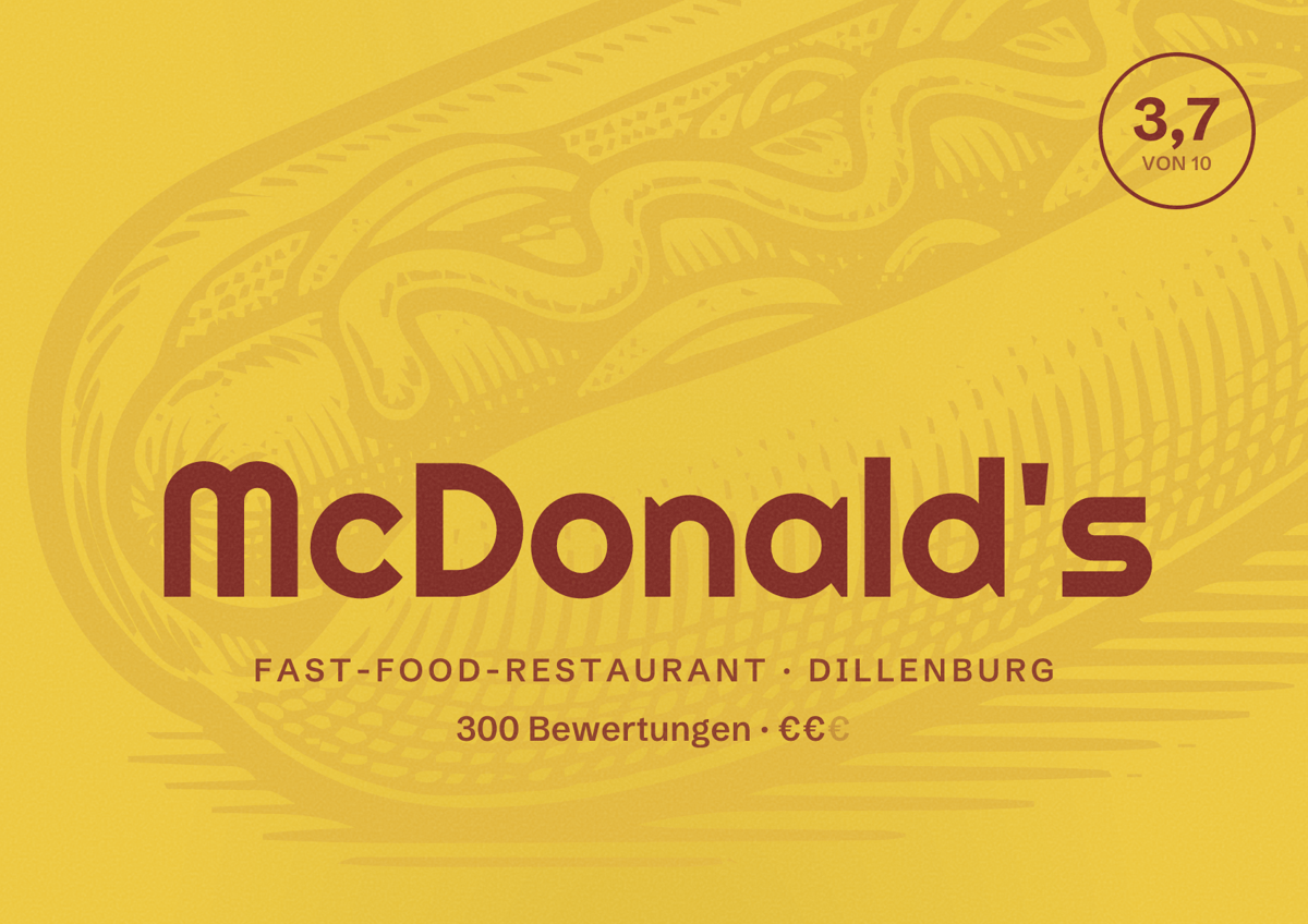 Illustriertes Poster von McDonald's, Fast-Food-Restaurant in Dillenburg: Bewertung 3,7 von 10 aus 300 Bewertungen, Preisniveau €€