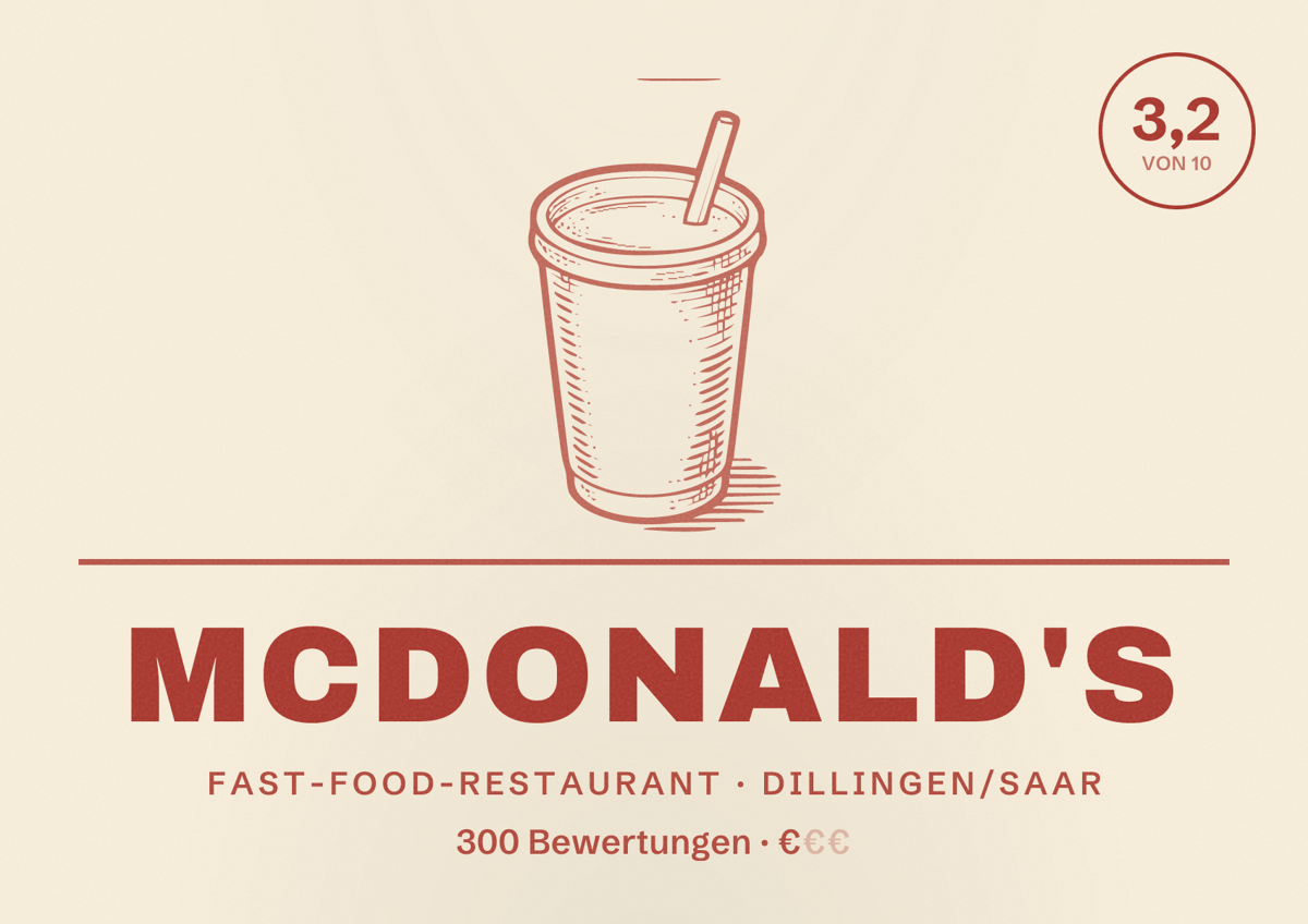 Illustriertes Poster von McDonald's, Fast-Food-Restaurant in Dillingen/Saar: Bewertung 3,2 von 10 aus 300 Bewertungen, Preisniveau €