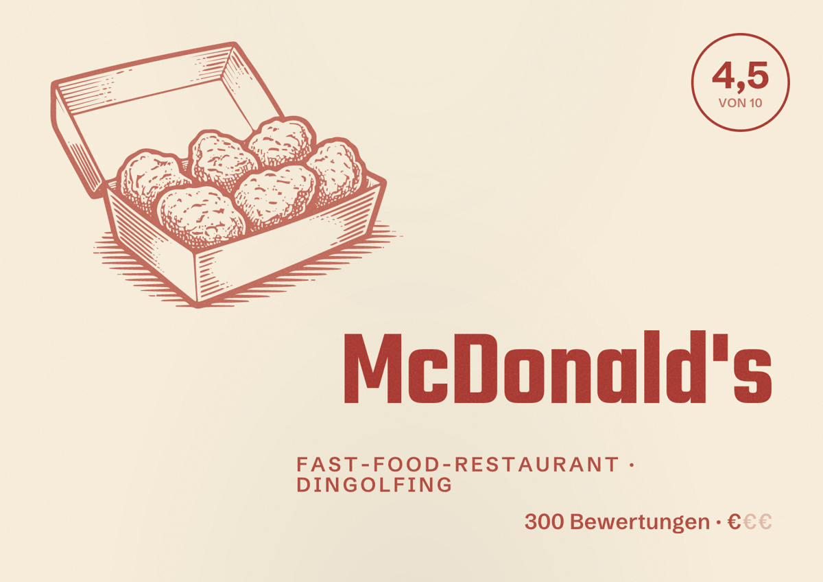 Illustriertes Poster von McDonald's, Fast-Food-Restaurant in Dingolfing: Bewertung 4,5 von 10 aus 300 Bewertungen, Preisniveau €