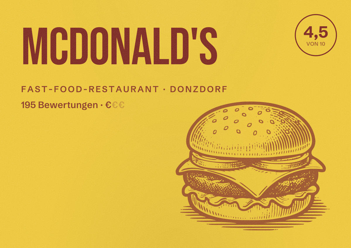 Illustriertes Poster von McDonald's, Fast-Food-Restaurant in Donzdorf: Bewertung 4,5 von 10 aus 195 Bewertungen, Preisniveau €