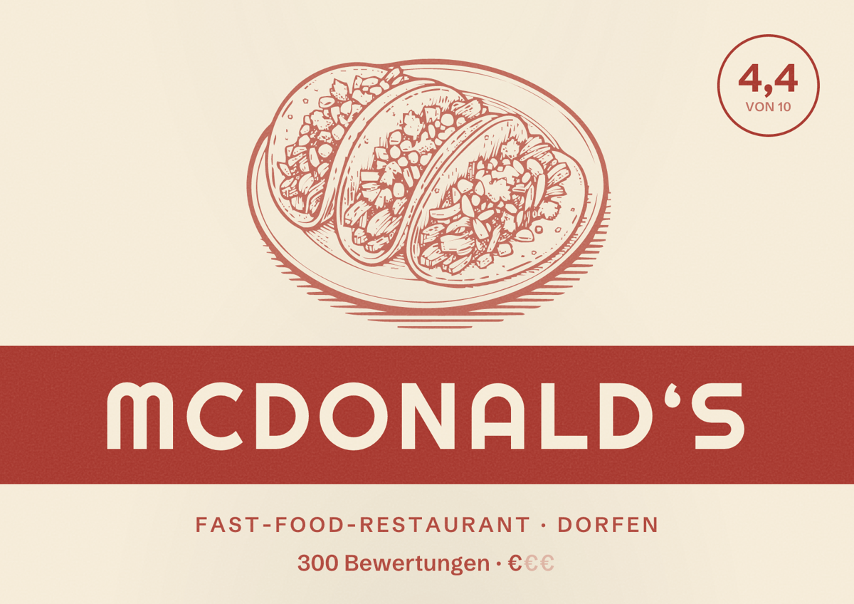 Illustriertes Poster von McDonald‘s, Fast-Food-Restaurant in Dorfen: Bewertung 4,4 von 10 aus 300 Bewertungen, Preisniveau €