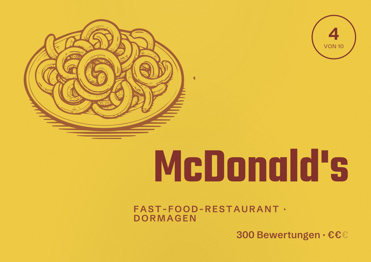Illustriertes Poster von McDonald's, Fast-Food-Restaurant in Dormagen: Bewertung 4 von 10 aus 300 Bewertungen, Preisniveau €€