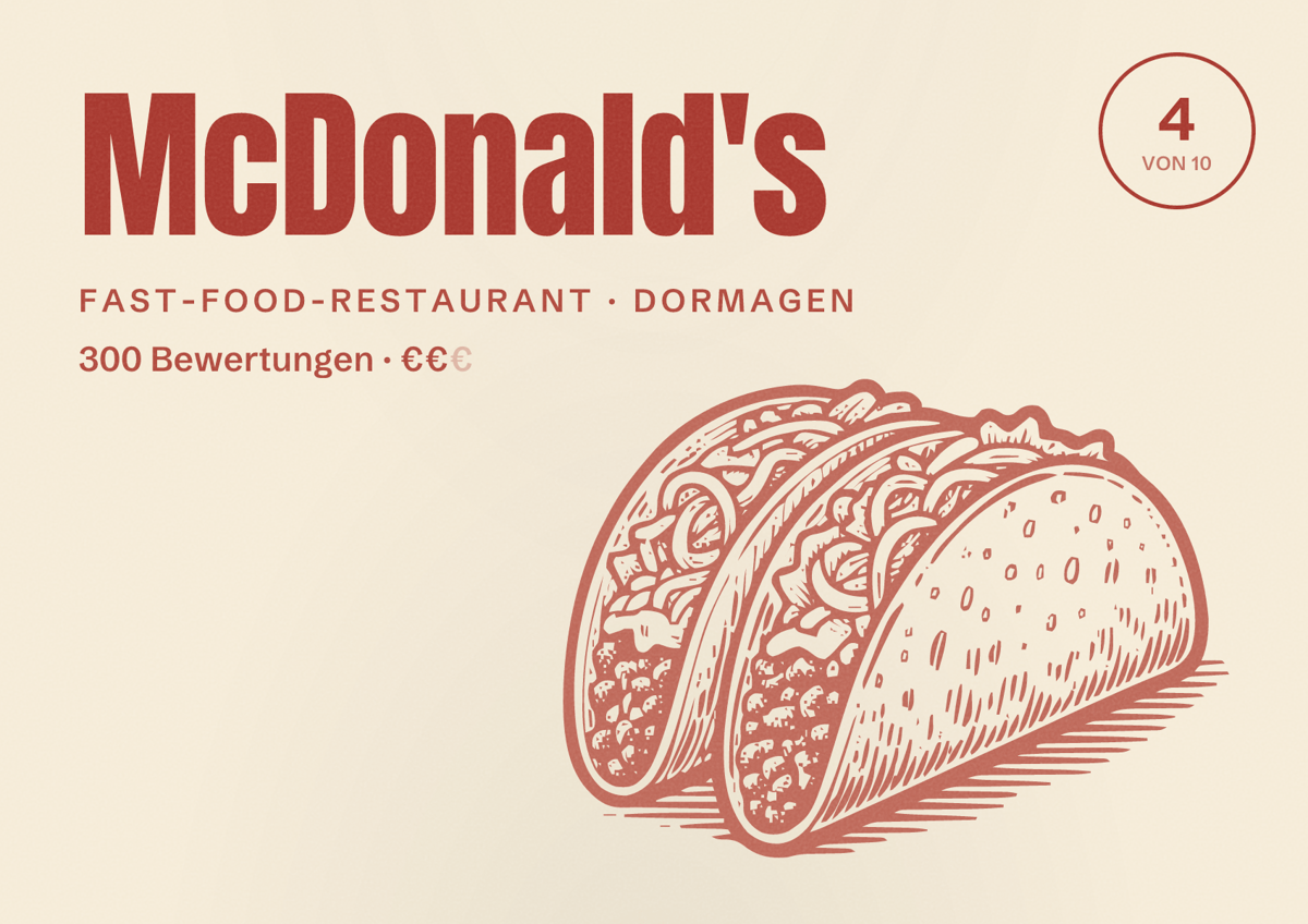 Illustriertes Poster von McDonald's, Fast-Food-Restaurant in Dormagen: Bewertung 4 von 10 aus 300 Bewertungen, Preisniveau €€