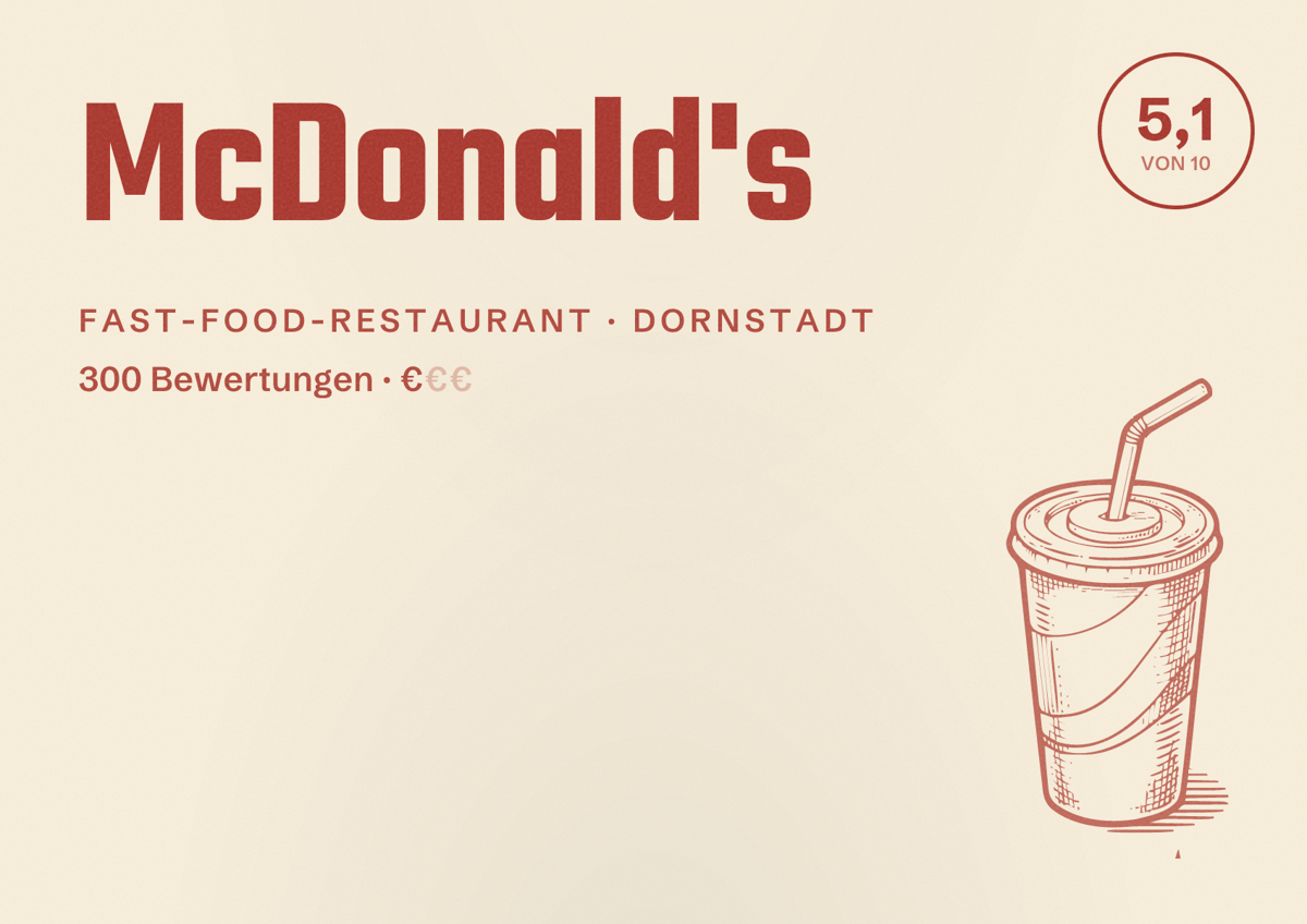 Illustriertes Poster von McDonald's, Fast-Food-Restaurant in Dornstadt: Bewertung 5,1 von 10 aus 300 Bewertungen, Preisniveau €