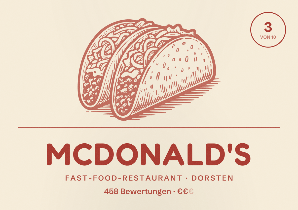 Illustriertes Poster von McDonald's, Fast-Food-Restaurant in Dorsten: Bewertung 3,0 von 10 aus 458 Bewertungen, Preisniveau €€