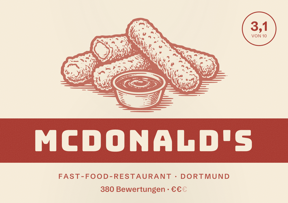 Illustriertes Poster von McDonald's, Fast-Food-Restaurant in Dortmund: Bewertung 3,1 von 10 aus 380 Bewertungen, Preisniveau €€