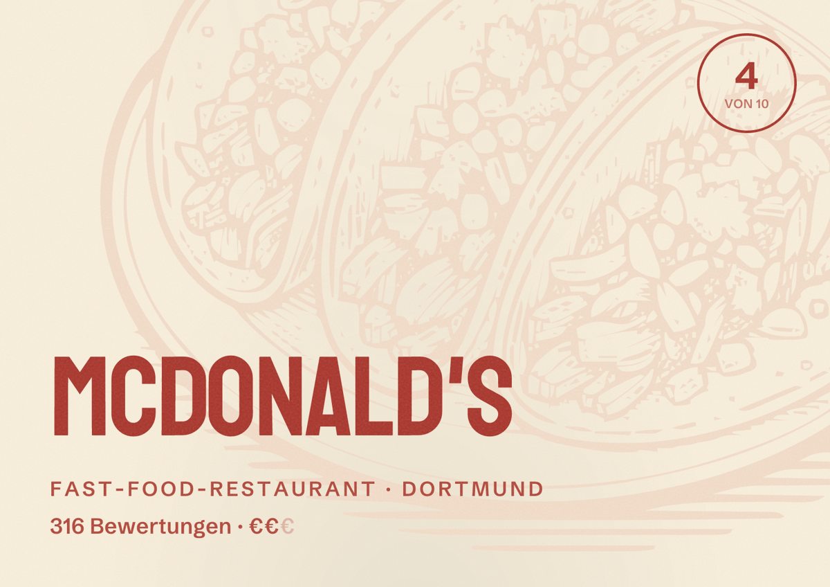 Illustriertes Poster von McDonald's, Fast-Food-Restaurant in Dortmund: Bewertung 4 von 10 aus 316 Bewertungen, Preisniveau €€