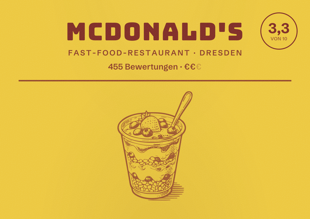 Illustriertes Poster von McDonald's, Fast-Food-Restaurant in Dresden: Bewertung 3,3 von 10 aus 455 Bewertungen, Preisniveau €€