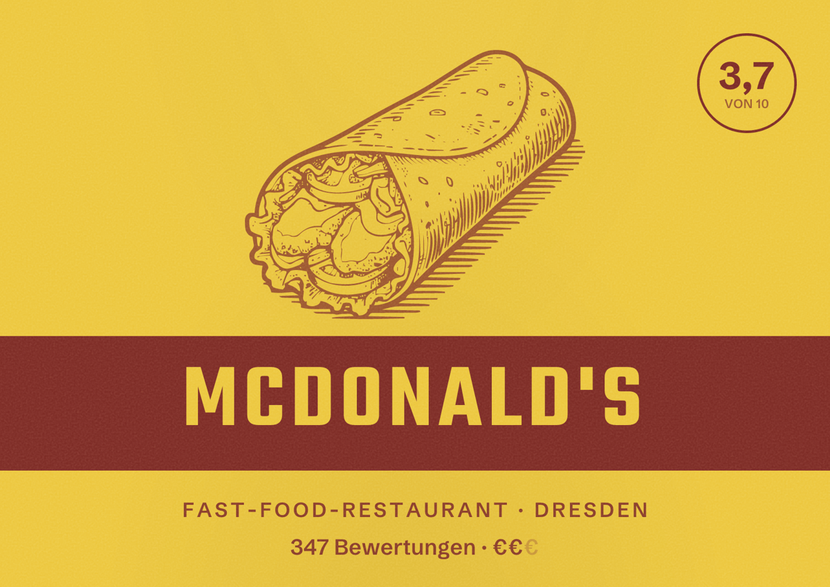 Illustriertes Poster von McDonald's, Fast-Food-Restaurant in Dresden: Bewertung 3,7 von 10 aus 347 Bewertungen, Preisniveau €€