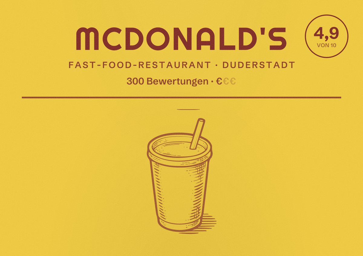 Illustriertes Poster von McDonald's, Fast-Food-Restaurant in Duderstadt: Bewertung 4,9 von 10 aus 300 Bewertungen, Preisniveau €