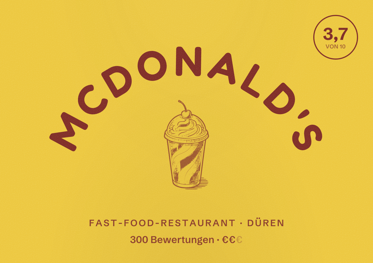 Illustriertes Poster von McDonald's, Fast-Food-Restaurant in Düren: Bewertung 3,7 von 10 aus 300 Bewertungen, Preisniveau €€