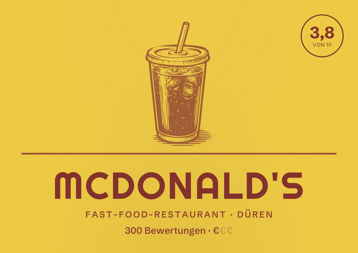 Illustriertes Poster von McDonald's, Fast-Food-Restaurant in Düren: Bewertung 3,8 von 10 aus 300 Bewertungen, Preisniveau €
