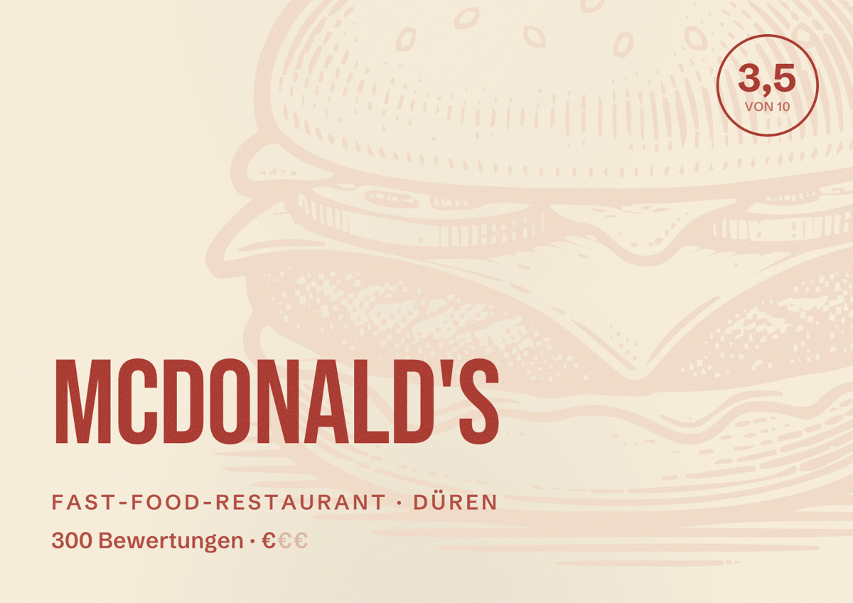 Illustriertes Poster von McDonald's, Fast-Food-Restaurant in Düren: Bewertung 3,5 von 10 aus 300 Bewertungen, Preisniveau €