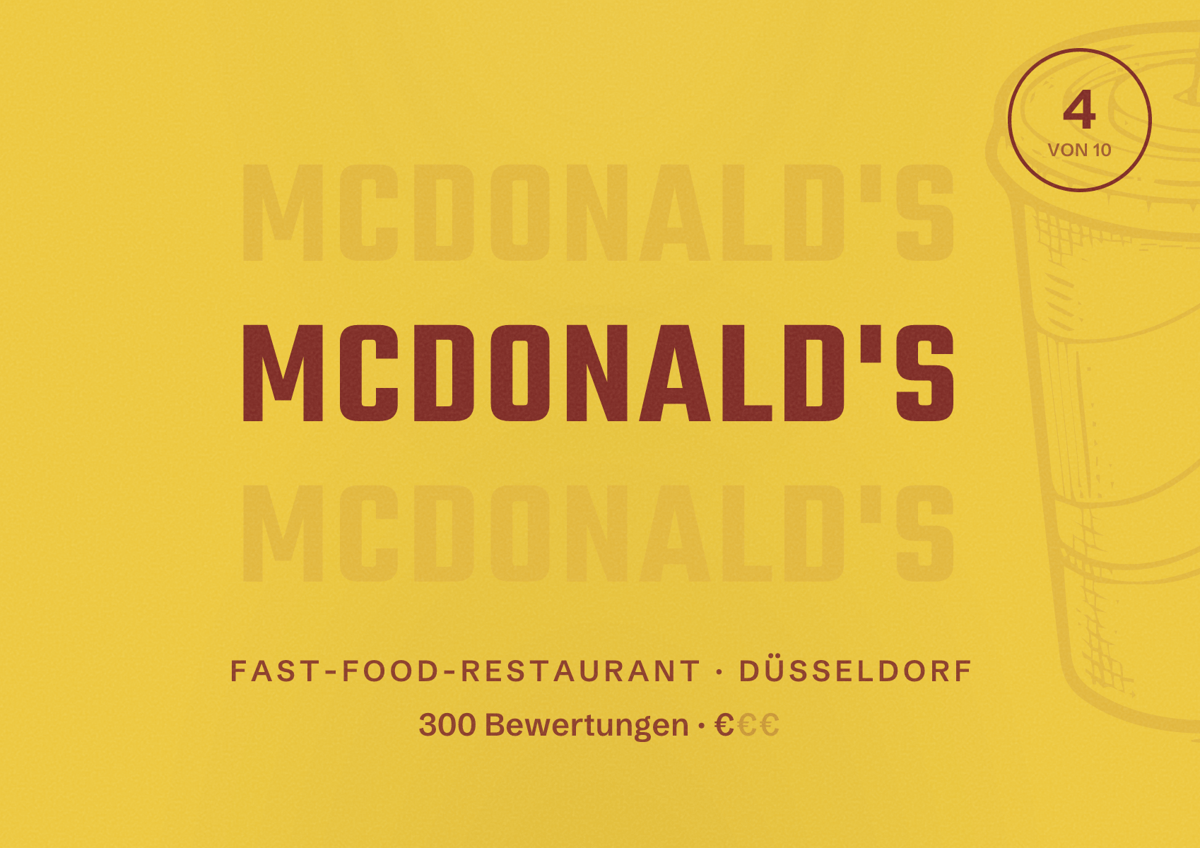 Illustriertes Poster von McDonald's, Fast-Food-Restaurant in Düsseldorf: Bewertung 4,0 von 10 aus 300 Bewertungen, Preisniveau €