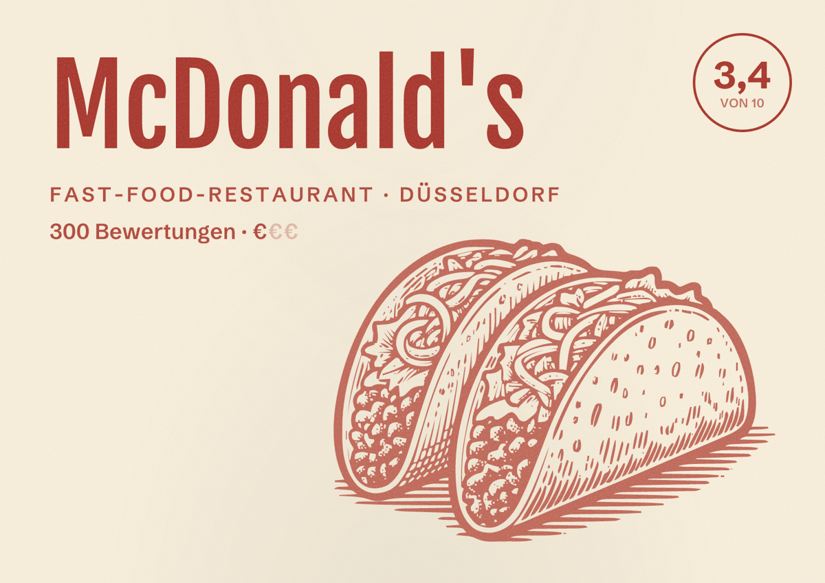 Illustriertes Poster von McDonald's, Fast-Food-Restaurant in Düsseldorf: Bewertung 3,4 von 10 aus 300 Bewertungen, Preisniveau €