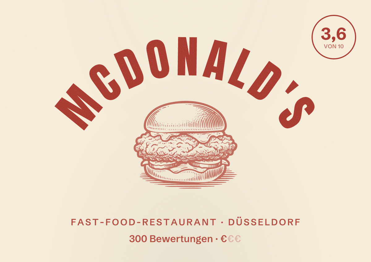 Illustriertes Poster von McDonald's, Fast-Food-Restaurant in Düsseldorf: Bewertung 3,6 von 10 aus 300 Bewertungen, Preisniveau €