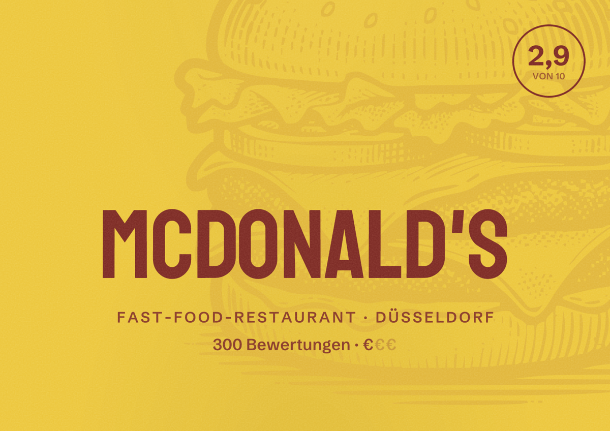 Illustriertes Poster von McDonald's, Fast-Food-Restaurant in Düsseldorf: Bewertung 2,9 von 10 aus 300 Bewertungen, Preisniveau €
