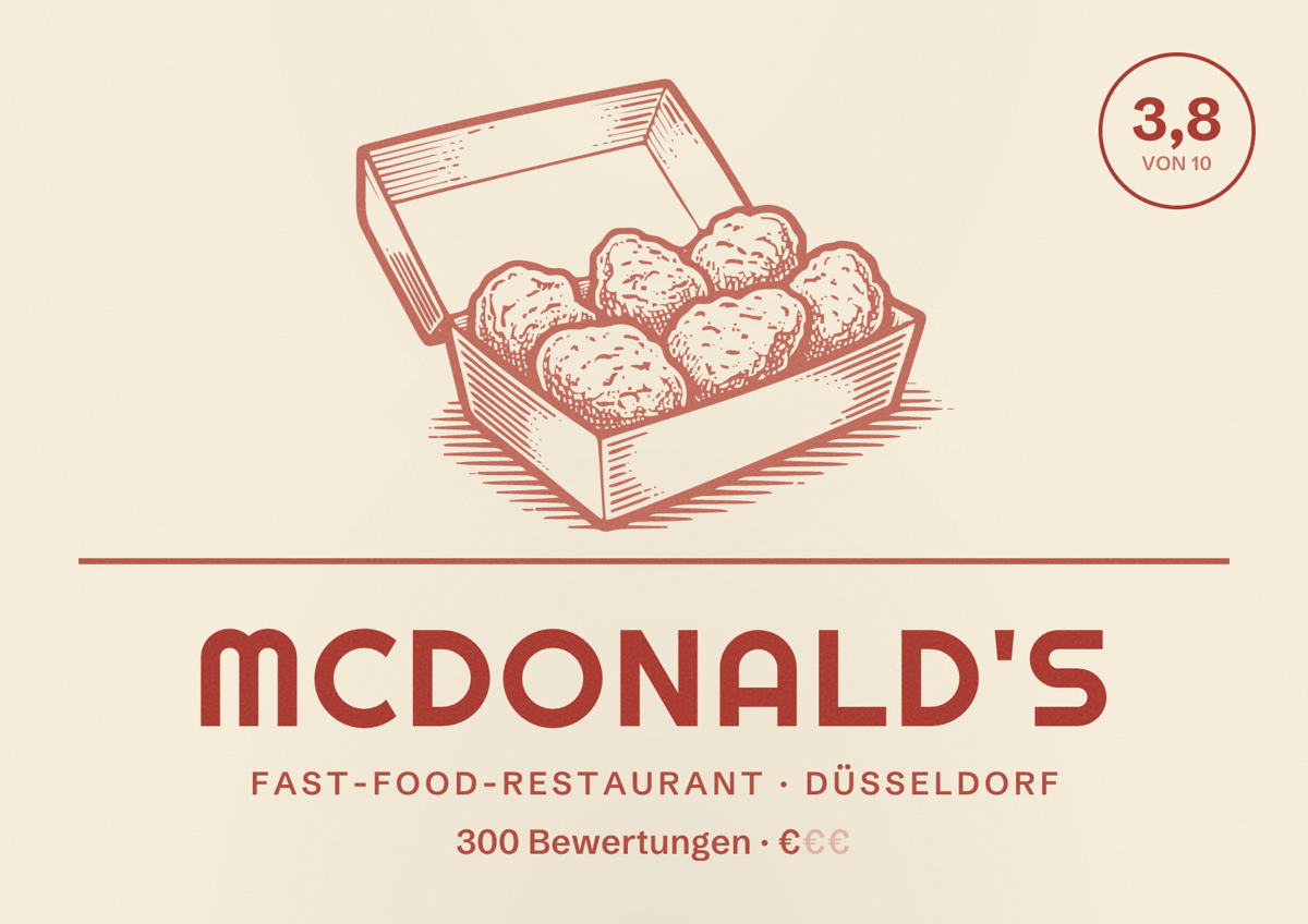 Illustriertes Poster von McDonald's, Fast-Food-Restaurant in Düsseldorf: Bewertung 3,8 von 10 aus 300 Bewertungen, Preisniveau €