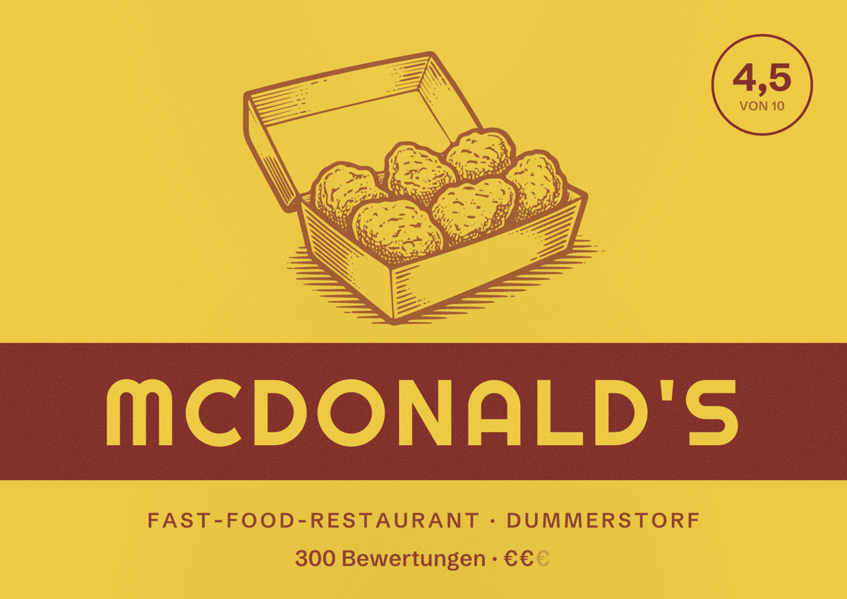 Illustriertes Poster von McDonald's, Fast-Food-Restaurant in Dummerstorf: Bewertung 4,5 von 10 aus 300 Bewertungen, Preisniveau €€