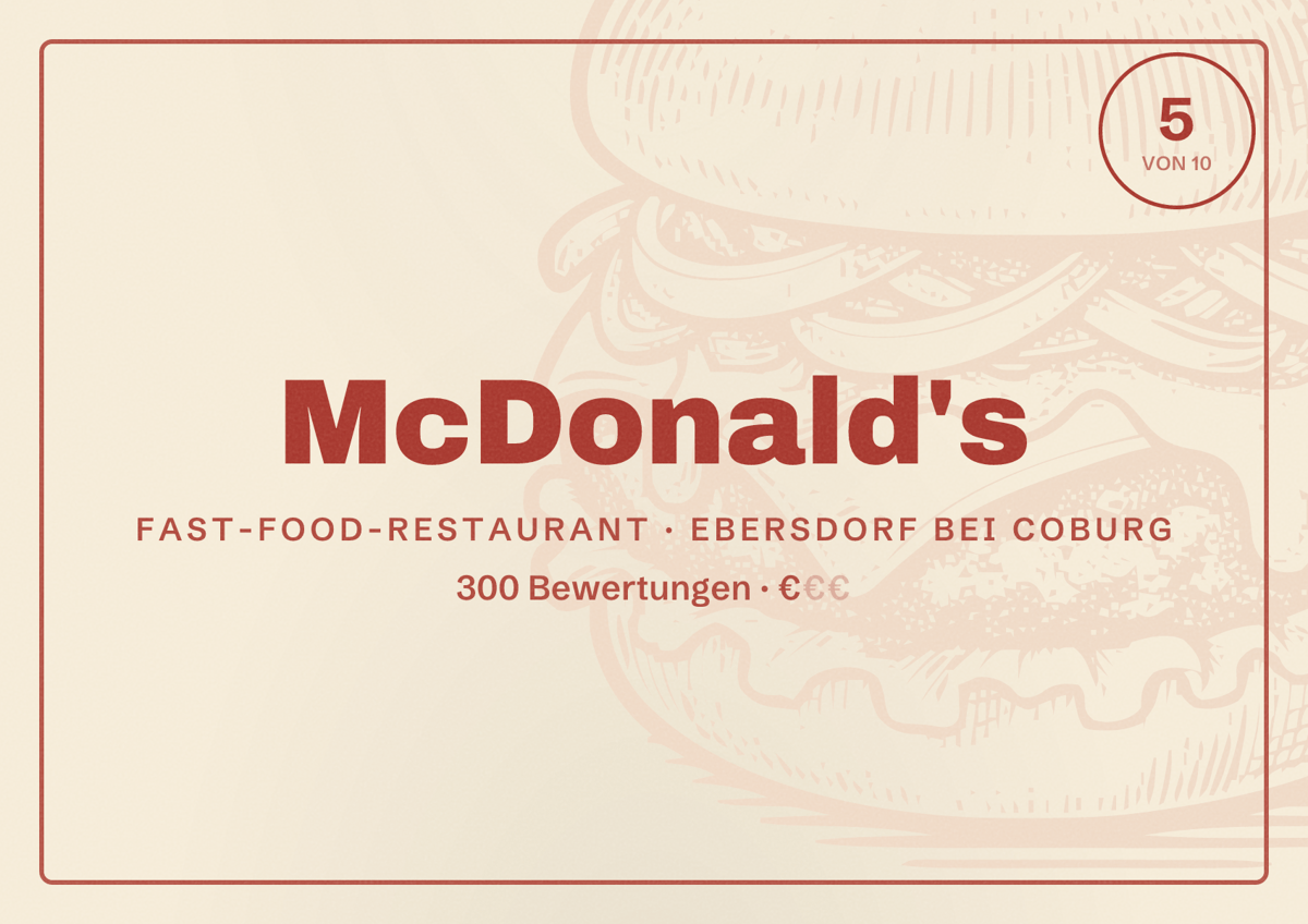 Illustriertes Poster von McDonald's, Fast-Food-Restaurant in Ebersdorf bei Coburg: Bewertung 5 von 10 aus 300 Bewertungen, Preisniveau €