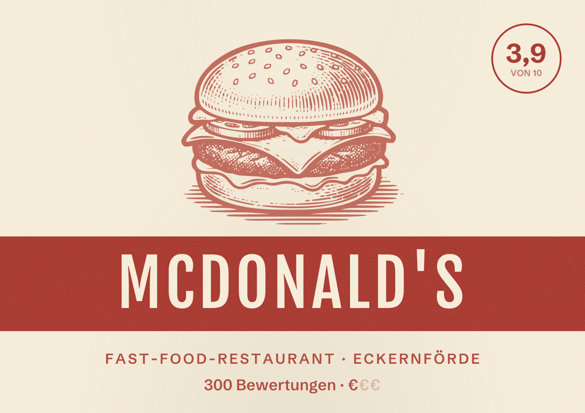 Illustriertes Poster von McDonald's, Fast-Food-Restaurant in Eckernförde: Bewertung 3,9 von 10 aus 300 Bewertungen, Preisniveau €