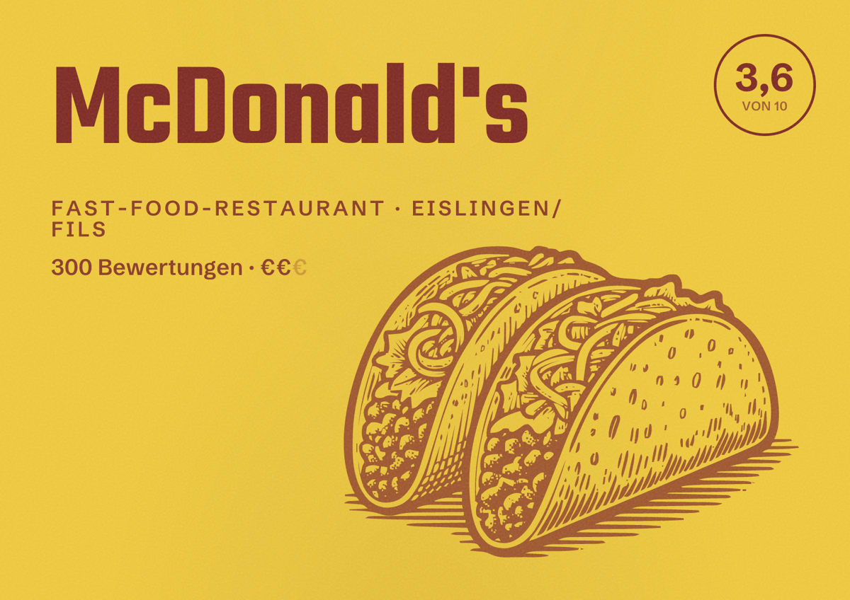 Illustriertes Poster von McDonald's, Fast-Food-Restaurant in Eislingen/Fils: Bewertung 3,6 von 10 aus 300 Bewertungen, Preisniveau €€