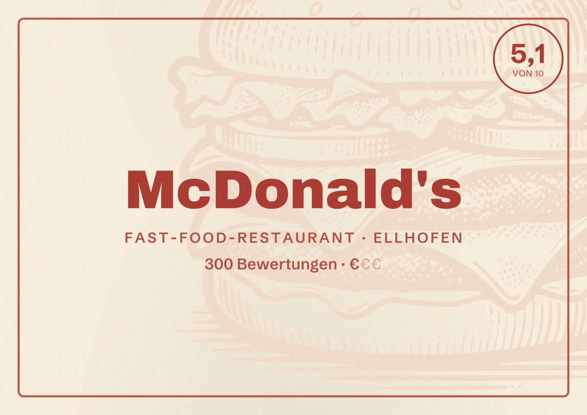 Illustriertes Poster von McDonald's, Fast-Food-Restaurant in Ellhofen: Bewertung 5,1 von 10 aus 300 Bewertungen, Preisniveau €