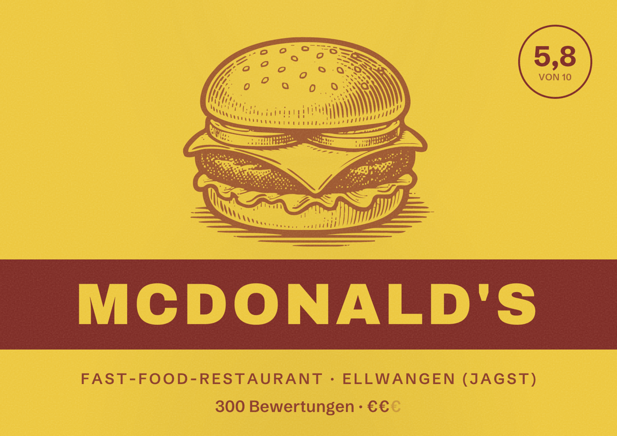 Illustriertes Poster von McDonald's, Fast-Food-Restaurant in Ellwangen (Jagst): Bewertung 5,8 von 10 aus 300 Bewertungen, Preisniveau €€