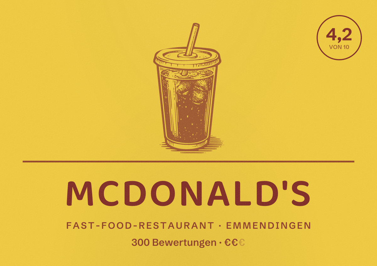 Illustriertes Poster von McDonald's, Fast-Food-Restaurant in Emmendingen: Bewertung 4,2 von 10 aus 300 Bewertungen, Preisniveau €€