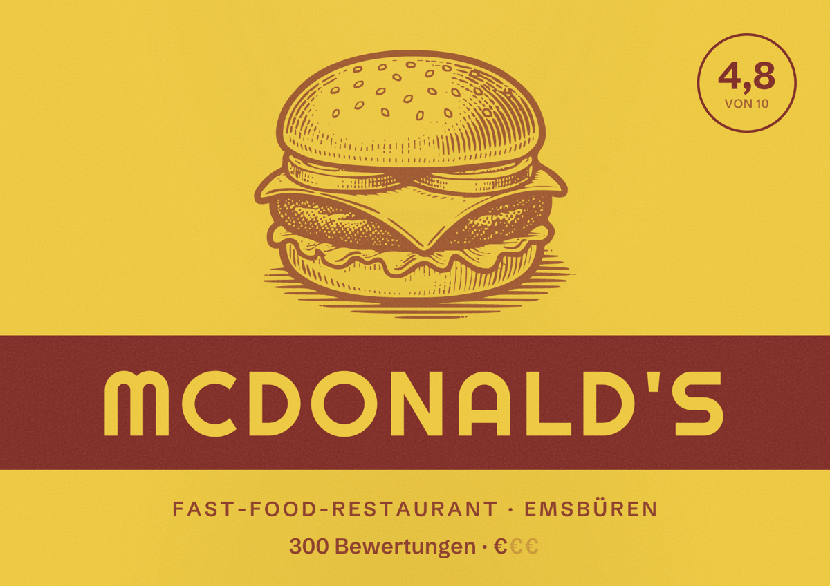 Illustriertes Poster von McDonald's, Fast-Food-Restaurant in Emsbüren: Bewertung 4,8 von 10 aus 300 Bewertungen, Preisniveau €