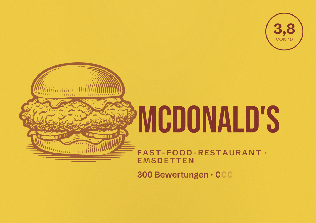 Illustriertes Poster von McDonald's, Fast-Food-Restaurant in Emsdetten: Bewertung 3,8 von 10 aus 300 Bewertungen, Preisniveau €