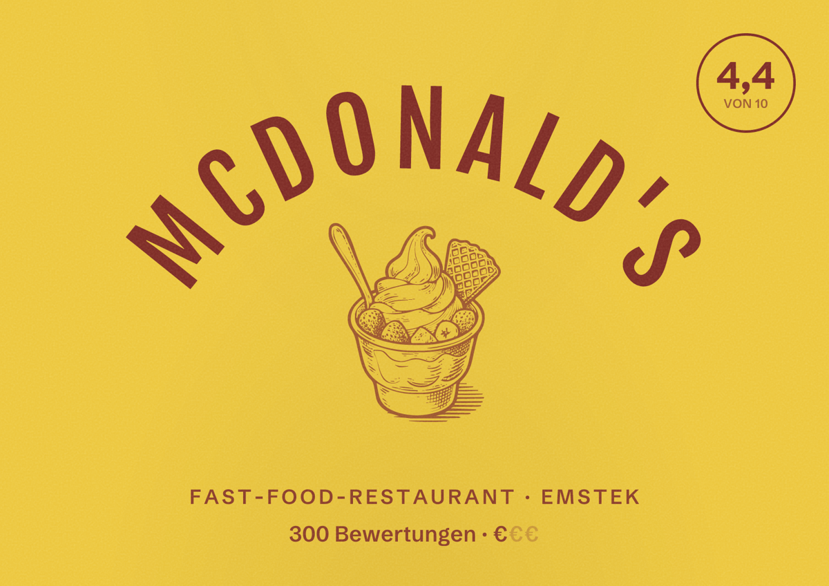 Illustriertes Poster von McDonald's, Fast-Food-Restaurant in Emstek: Bewertung 4,4 von 10 aus 300 Bewertungen, Preisniveau €