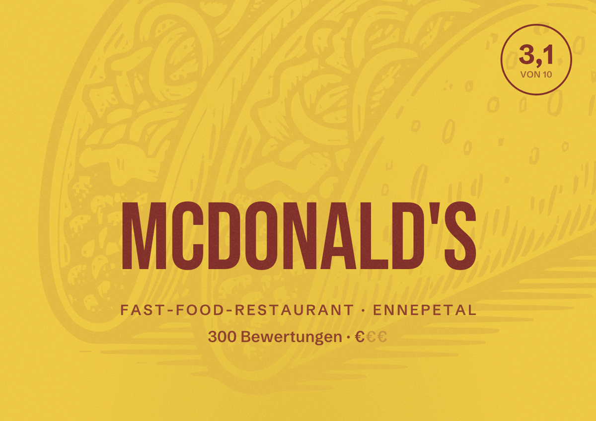 Illustriertes Poster von McDonald's, Fast-Food-Restaurant in Ennepetal: Bewertung 3,1 von 10 aus 300 Bewertungen, Preisniveau €