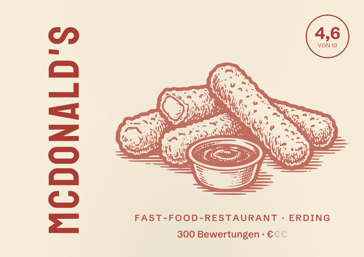 Illustriertes Poster von McDonald's, Fast-Food-Restaurant in Erding: Bewertung 4,6 von 10 aus 300 Bewertungen, Preisniveau €