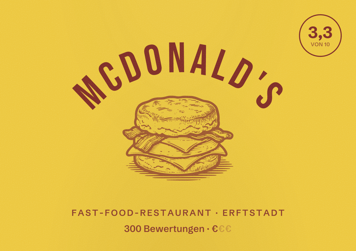 Illustriertes Poster von McDonald's, Fast-Food-Restaurant in Erftstadt: Bewertung 3,3 von 10 aus 300 Bewertungen, Preisniveau €