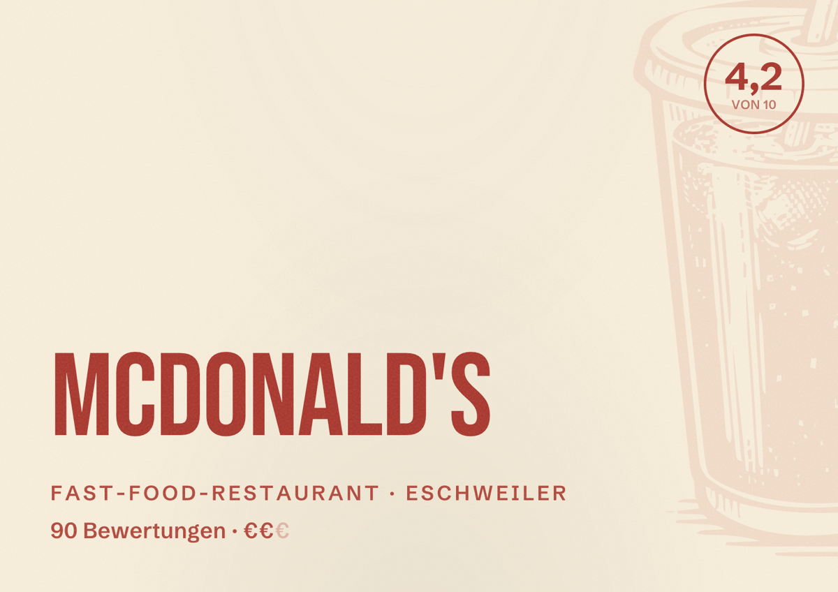 Illustriertes Poster von McDonald's, Fast-Food-Restaurant in Eschweiler: Bewertung 4,2 von 10 aus 90 Bewertungen, Preisniveau €€