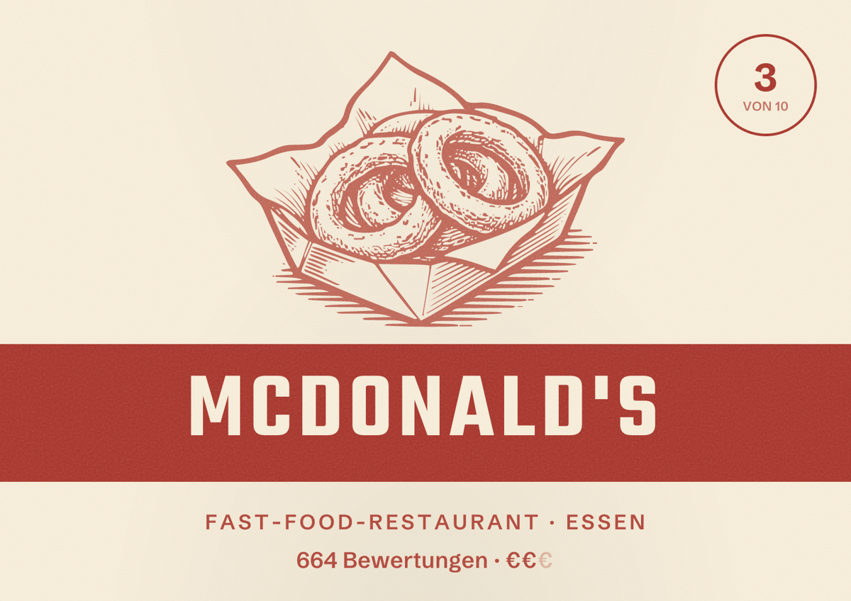 Illustriertes Poster von McDonald's, Fast-Food-Restaurant in Essen: Bewertung 3 von 10 aus 664 Bewertungen, Preisniveau €€