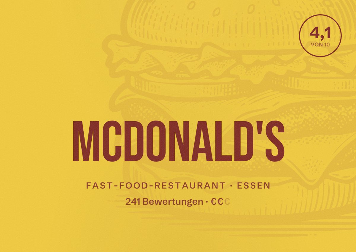 Illustriertes Poster von McDonald's, Fast-Food-Restaurant in Essen: Bewertung 4,1 von 10 aus 241 Bewertungen, Preisniveau €€