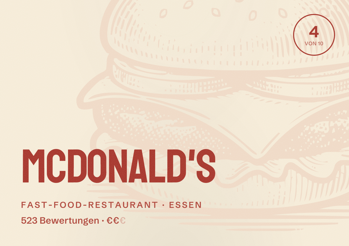 Illustriertes Poster von McDonald's, Fast-Food-Restaurant in Essen: Bewertung 4 von 10 aus 523 Bewertungen, Preisniveau €€