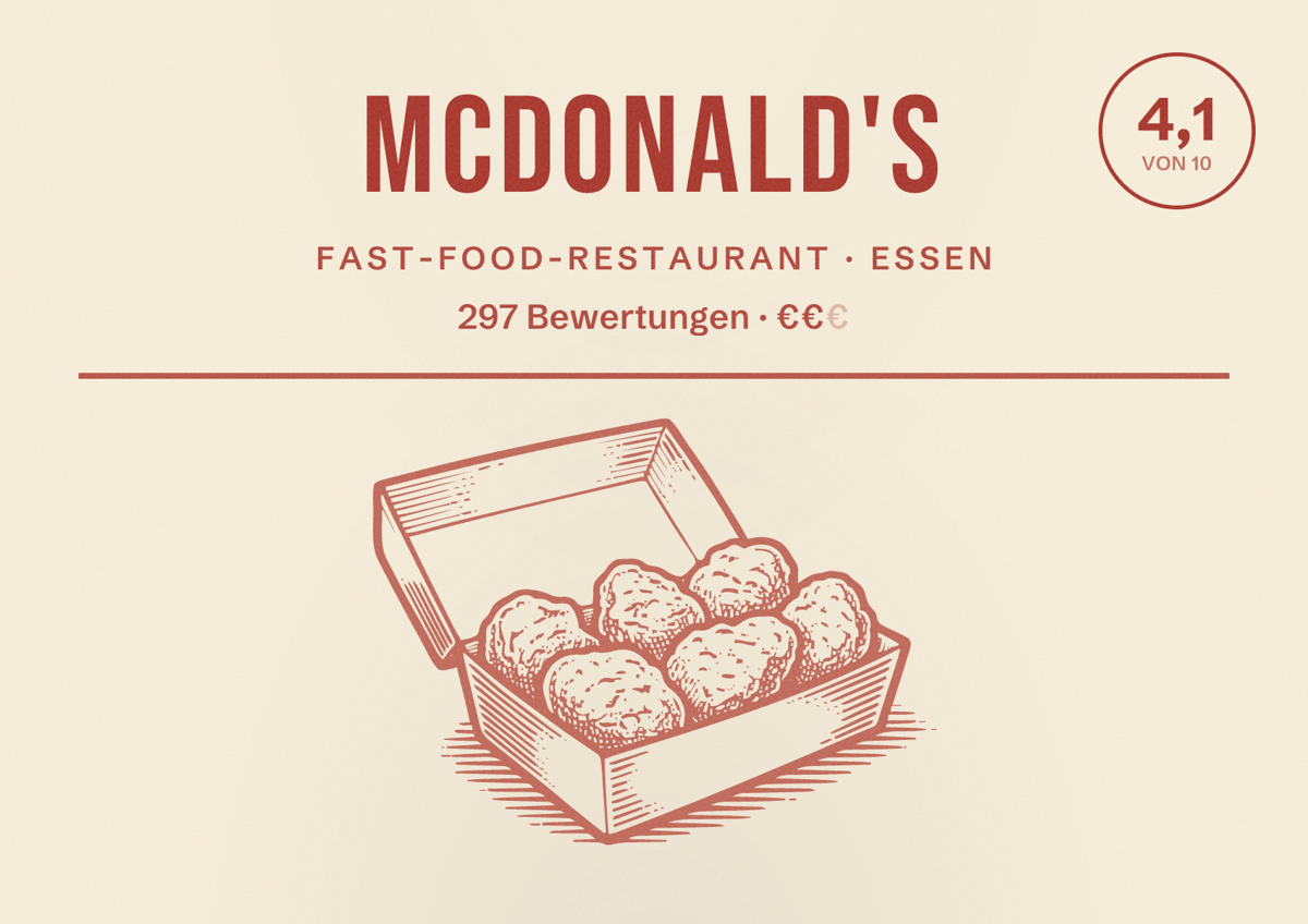 Illustriertes Poster von McDonald's, Fast-Food-Restaurant in Essen: Bewertung 4,1 von 10 aus 297 Bewertungen, Preisniveau €€