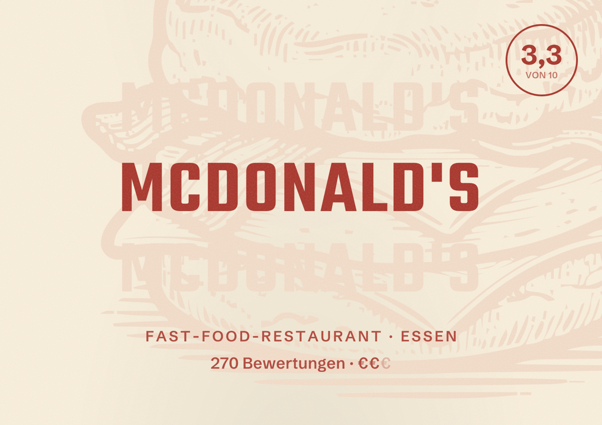 Illustriertes Poster von McDonald's, Fast-Food-Restaurant in Essen: Bewertung 3,3 von 10 aus 270 Bewertungen, Preisniveau €€