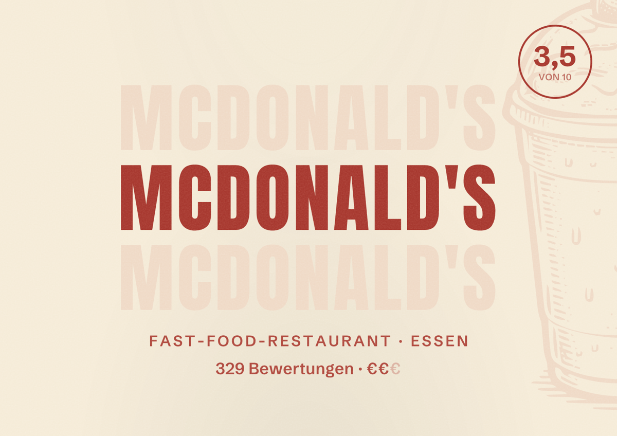 Illustriertes Poster von McDonald's, Fast-Food-Restaurant in Essen: Bewertung 3,5 von 10 aus 329 Bewertungen, Preisniveau €€