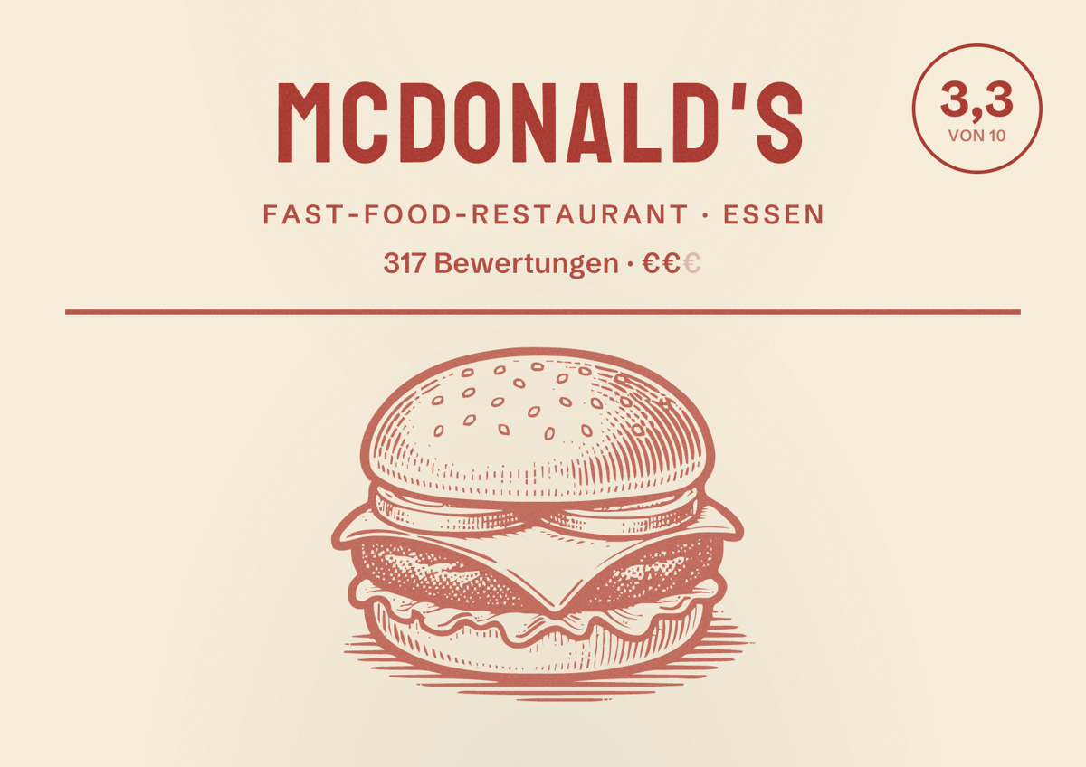 Illustriertes Poster von McDonald's, Fast-Food-Restaurant in Essen: Bewertung 3,3 von 10 aus 317 Bewertungen, Preisniveau €€